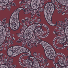 Hand drawn floral paisley seamless vector pattern. Batik style fabric