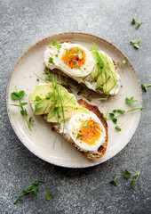 Bread toast, boiled eggs, avocado slice, microgreens on a plate