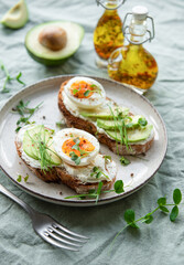 Bread toast, boiled eggs, avocado slice, microgreens on a plate