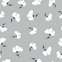 Simple vintage pattern. white    flowers, dark blue leaves. grey    background. Fashionable print for textiles and wallpaper.