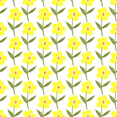 Seamless pattern with yellow daisy flowers. Hand-drawn illustrations made with colored pencils in the doodle style. Summer simple floral texture on a white background, isolated. For wrapping paper.
