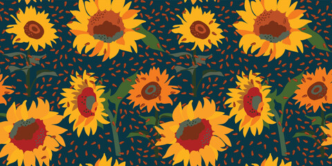 Fototapeta na wymiar seamless floral pattern with sunflowers and seeds