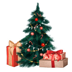 Christmas tree with decorations and gift boxes. Holiday illustration