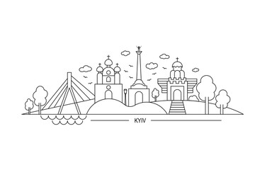 Obraz premium Panorama of Kyiv, main sights of the capital of Ukraine, flat vector, isolate on white, line art