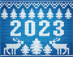 New 2023 year  knitted pattern with christmas deer,, vector illustration