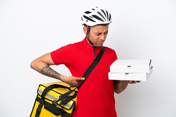 Young Brazilian man with thermal backpack isolated on white background suffering from backache for having made an effort