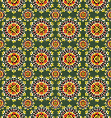 Fototapeta na wymiar Vector African ethnic circle flower shape seamless pattern colorful green background. Use for fabric, textile, interior decoration elements, upholstery, wrapping.