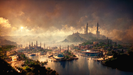 Fototapeta premium The City of Alanya in 100 years. Futuristic landscape illustration, based on ai-generated image