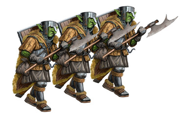 Attack of orcs. Fantasy creature - orc. Goblin with ax drawing.