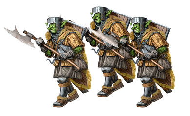 Attack of orcs. Fantasy creature - orc. Goblin with axe drawing.