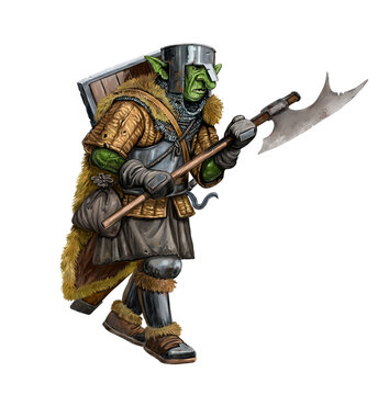 Fantasy creature - orc. Fantasy illustration. Goblin with ax drawing.