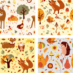 Autumn seamless pattern with cute wodland animals and elements autumn, a funny owl, hedgehog, cunning fox, colored trees, autumn leaves, mushrooms. Vector illustration.