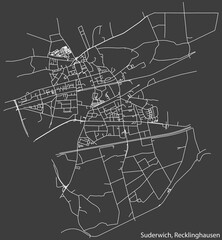 Detailed negative navigation white lines urban street roads map of the SUDERWICH DISTRICT of the German regional capital city of Recklinghausen, Germany on dark gray background
