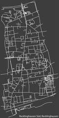 Detailed negative navigation white lines urban street roads map of the RECKLINGHAUSEN SÜD DISTRICT of the German regional capital city of Recklinghausen, Germany on dark gray background