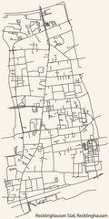 Detailed navigation black lines urban street roads map of the RECKLINGHAUSEN SÜD DISTRICT of the German regional capital city of Recklinghausen, Germany on vintage beige background