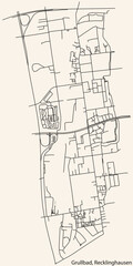 Fototapeta na wymiar Detailed navigation black lines urban street roads map of the GRULLBAD DISTRICT of the German regional capital city of Recklinghausen, Germany on vintage beige background