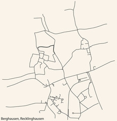 Detailed navigation black lines urban street roads map of the BERGHAUSEN DISTRICT of the German regional capital city of Recklinghausen, Germany on vintage beige background