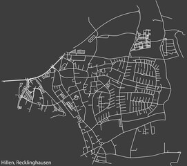 Detailed negative navigation white lines urban street roads map of the HILLEN DISTRICT of the German regional capital city of Recklinghausen, Germany on dark gray background