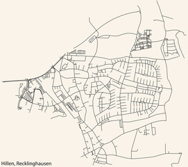 Detailed navigation black lines urban street roads map of the HILLEN DISTRICT of the German regional capital city of Recklinghausen, Germany on vintage beige background