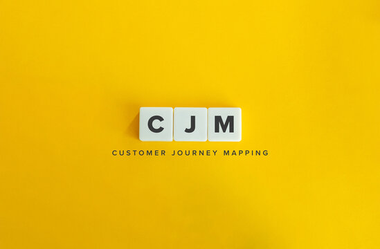 Customer Journey Mapping (CJM) Banner. Letter Tiles on Yellow Background. Minimal Aesthetics.