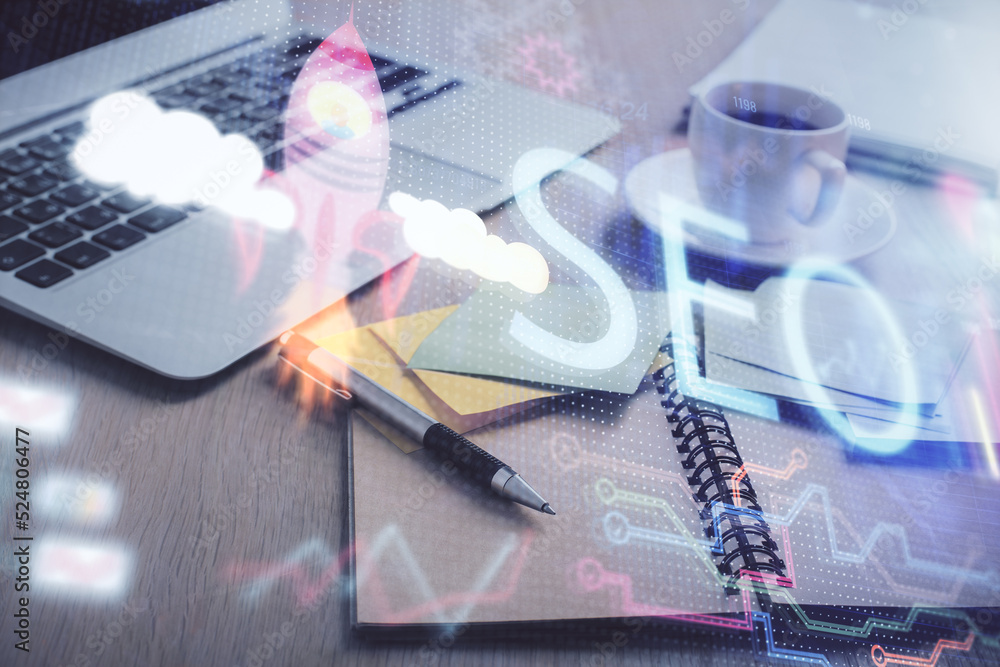 Aufkleber Double exposure of SEO writing and desktop with coffee and items on table background. Concept of search optimization.