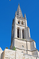 Fototapeta na wymiar The bell tower of the twelfth century monolithic church in St. Emilion, France.