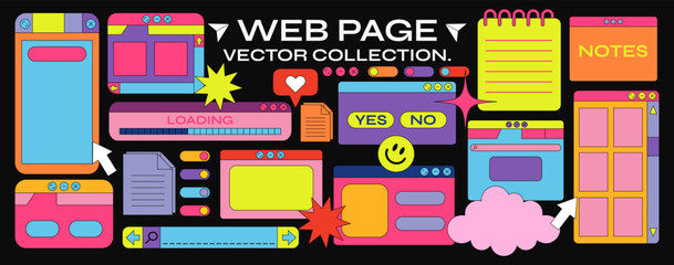 Retro cartoon set of web pages. geometric frames in 90s memphis style in vibrant colors. notes, web pages, cursor, stickers, vector promo banner for design and print