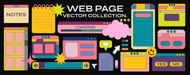 Retro cartoon set of web pages. geometric frames in 90s memphis style in vibrant colors. notes, web pages, cursor, stickers, vector promo banner for design and print