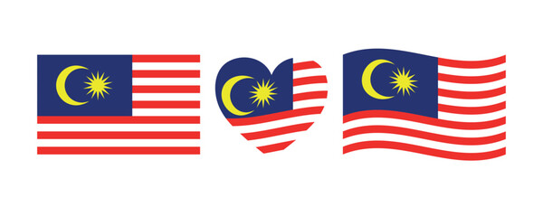 Malaysian flag signs set. Malaysian heart shape decorative element. Malaysia Independence Day, Malaysia National Day. National symbols of Malaysia.