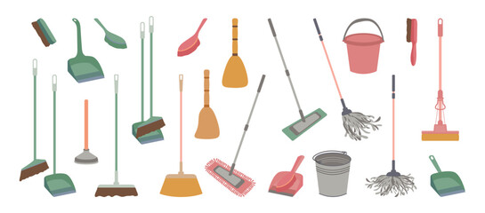 Set of equipment for cleaning, disinfection, washing floor, removing dust. Vector illustration isolated on white background. Cleaning service concept. Housework, household chores. Flat cleaning items. - obrazy, fototapety, plakaty