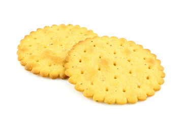 Two round salty crackers isolated on white background