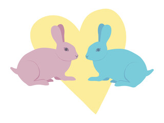 Composition two rabbits with heart. Pink and blue hare - family, love, bunny couple. Animals, pair Easter bunnies, sign symbol of New Year 2023. Vector illustration, isolated on white background.