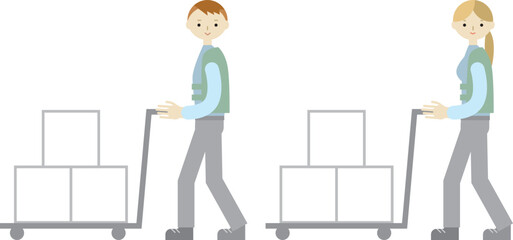 台車で荷物を運ぶ男女のイラスト