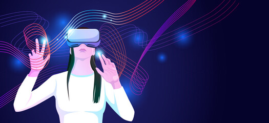Woman in headset, glasses painting colorful lines by fingers in virtual reality world, space, universe. Digital technologies abstract hologram. Experience of augmented interactive. Vector illustration