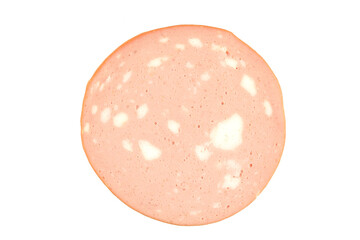 Single chicken mortadella slice isolated on white background