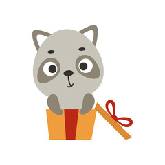 Cute little raccoon sitting in gift box. Cartoon animal character for kids t-shirts, nursery decoration, baby shower, greeting cards, invitations, house interior. Vector stock illustration.