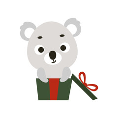 Cute little koala sitting in gift box. Cartoon animal character for kids t-shirts, nursery decoration, baby shower, greeting cards, invitations, house interior. Vector stock illustration. © Jexy