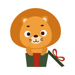 Cute little lion sitting in gift box. Cartoon animal character for kids t-shirts, nursery decoration, baby shower, greeting cards, invitations, house interior. Vector stock illustration.