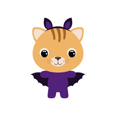 Cute little Halloween cat in a bat costume. Cartoon animal character for kids t-shirts, nursery decoration, baby shower, greeting card, invitation, house interior. Vector stock illustration