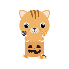 Cute Halloween cat sitting in a trick or treat bag with candies. Cartoon animal character for kids t-shirts, nursery decoration, baby shower, greeting card, invitation. Vector stock illustration