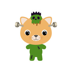 Cute little Halloween cat in a Frankenstein costume. Cartoon animal character for kids t-shirts, nursery decoration, baby shower, greeting card, invitation. Vector stock illustration