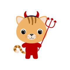 Cute little Halloween cat in a devil costume. Cartoon animal character for kids t-shirts, nursery decoration, baby shower, greeting card, invitation, house interior. Vector stock illustration
