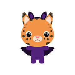 Cute little Halloween lynx in a bat costume. Cartoon animal character for kids t-shirts, nursery decoration, baby shower, greeting card, invitation, house interior. Vector stock illustration