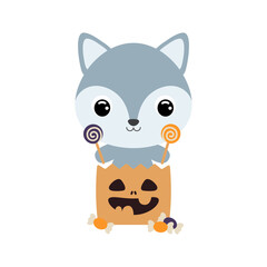 Cute Halloween wolf sitting in a trick or treat bag with candies. Cartoon animal character for kids t-shirts, nursery decoration, baby shower, greeting card, invitation. Vector stock illustration