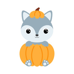 Cute little wolf sitting in a pumpkin. Cartoon animal character for kids t-shirts, nursery decoration, baby shower, greeting card, invitation. Vector stock illustration
