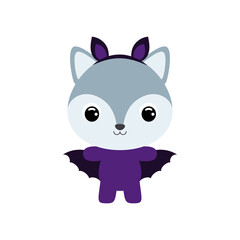 Cute little Halloween wolf in a bat costume. Cartoon animal character for kids t-shirts, nursery decoration, baby shower, greeting card, invitation, house interior. Vector stock illustration