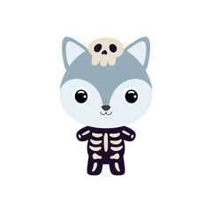Cute little Halloween wolf in a skeleton costume. Cartoon animal character for kids t-shirts, nursery decoration, baby shower, greeting card, invitation, house interior. Vector stock illustration