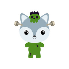 Cute little Halloween wolf in a Frankenstein costume. Cartoon animal character for kids t-shirts, nursery decoration, baby shower, greeting card, invitation. Vector stock illustration