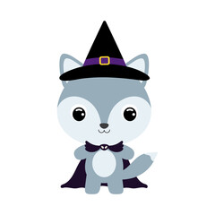 Cute little Halloween wolf in a wizard costume. Cartoon animal character for kids t-shirts, nursery decoration, baby shower, greeting card, invitation, house interior. Vector stock illustration