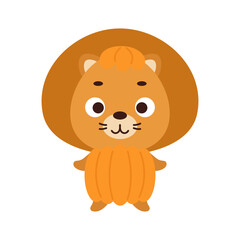Cute little Halloween lion in a pumpkin costume. Cartoon animal character for kids t-shirts, nursery decoration, baby shower, greeting card, invitation, house interior. Vector stock illustration